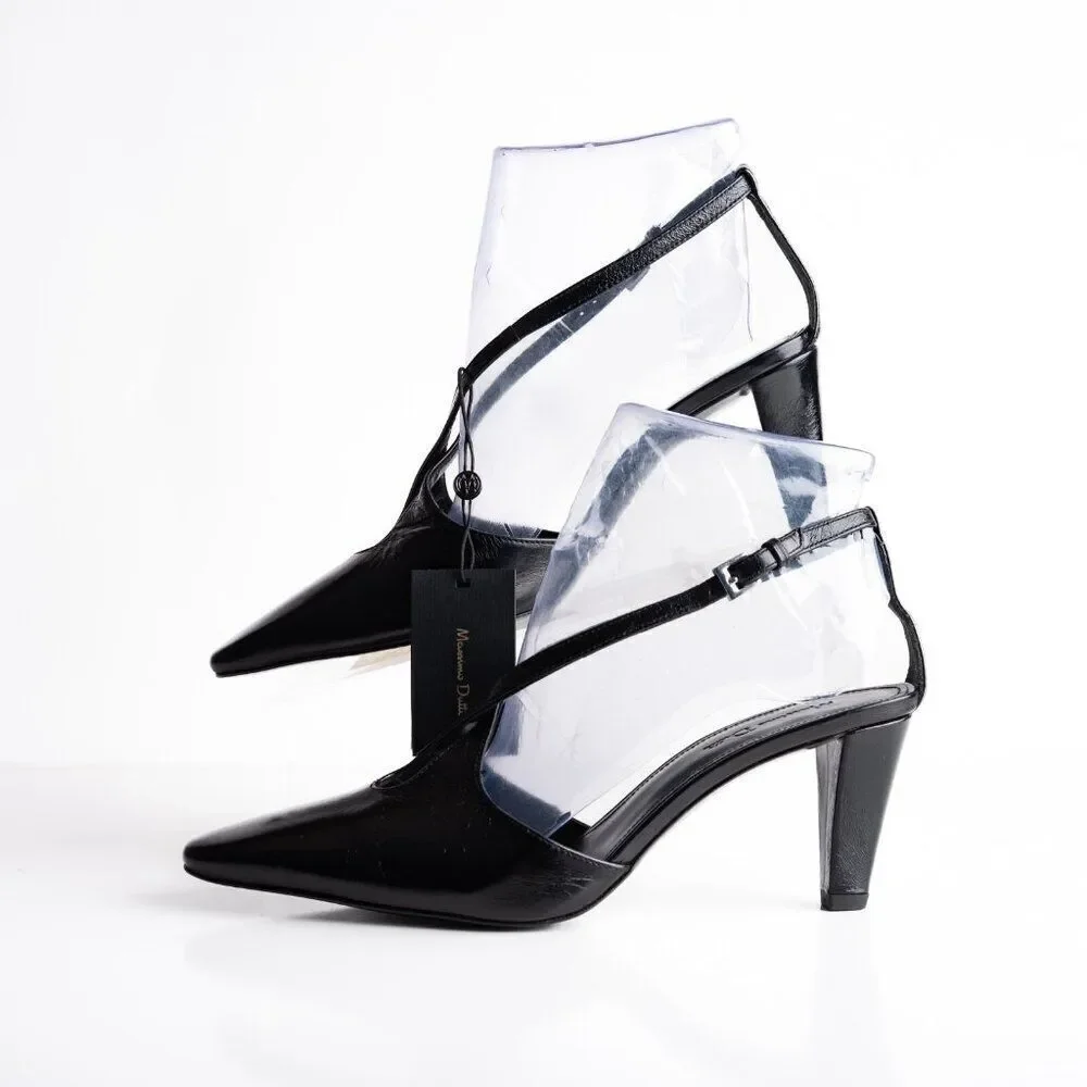 Massimo Dutti Womens Criss Cross Heels Slingbacks Black Leather US 7.5 EU 38 NWB